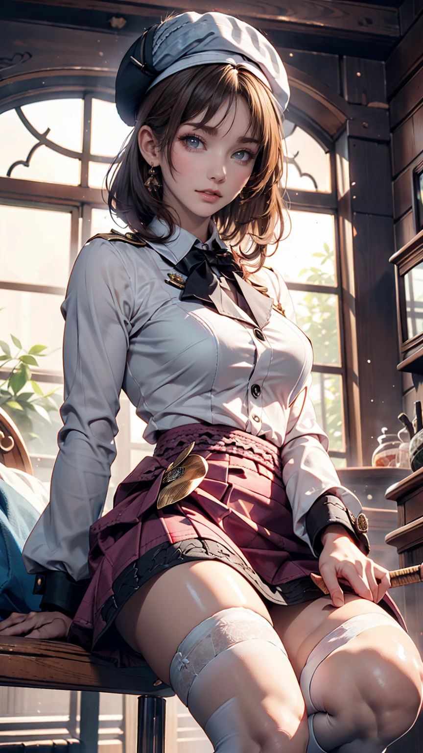 (iwanagadress:1.2), (Rock vine:0.9),(beret:1.8), Kotoko Iwanaga, One person, beret, black bow, blue skirt, bow, Brown footwear, Cane, dress, hair bow, Have, Holding, Holding Cane, Juliet Sleeve, Light brown hair, Long sleeve, View your viewers, petticoat, Puff sleeves, Purple eyes, short hair, skirt, alone, Thigh straps, Knee socks, white dress, White Hat, white Knee socks, Kyokou suiri