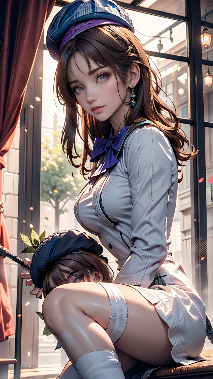 (iwanagadress:1.2), (Rock vine:0.9),(beret:1.8), Kotoko Iwanaga, One person, beret, black bow, blue skirt, bow, Brown footwear, Cane, dress, hair bow, Have, Holding, Holding Cane, Juliet Sleeve, Light brown hair, Long sleeve, View your viewers, petticoat, Puff sleeves, Purple eyes, short hair, skirt, alone, Thigh straps, Knee socks, white dress, White Hat, white Knee socks, Kyokou suiri