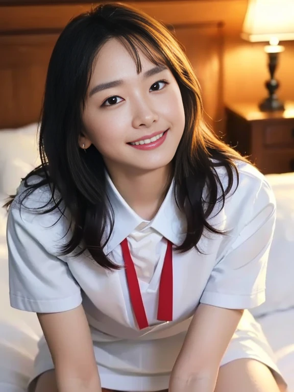 (Masterpiece, Best quality:1.3), (Ultra realistic, Photo-realistic:1.2), Natural light, 28 years old actress, Japanese beautiful 2 women, Neat and clean, (School uniform, Collared shirts, White shirts, Short sleeve, Darknavy short skirt:1.2), (unbutton:1.3), White sock, (Ponytail:1.2), (Beautiful faces), Oval face, clear, Beautiful eyes, Kind eyes, Clear skin, Small face, Beautiful mouth, Small mouth, Natural makeup, Approachable, Seductive smile, (Seductive pose:1.2), Beautiful thighs, Bedroom eyes, Embarrassed, Blush, Luxury hotel Suite room, On bed, (nsfw:1.1), (lesbian couple, petting together:1.1), kneeling,