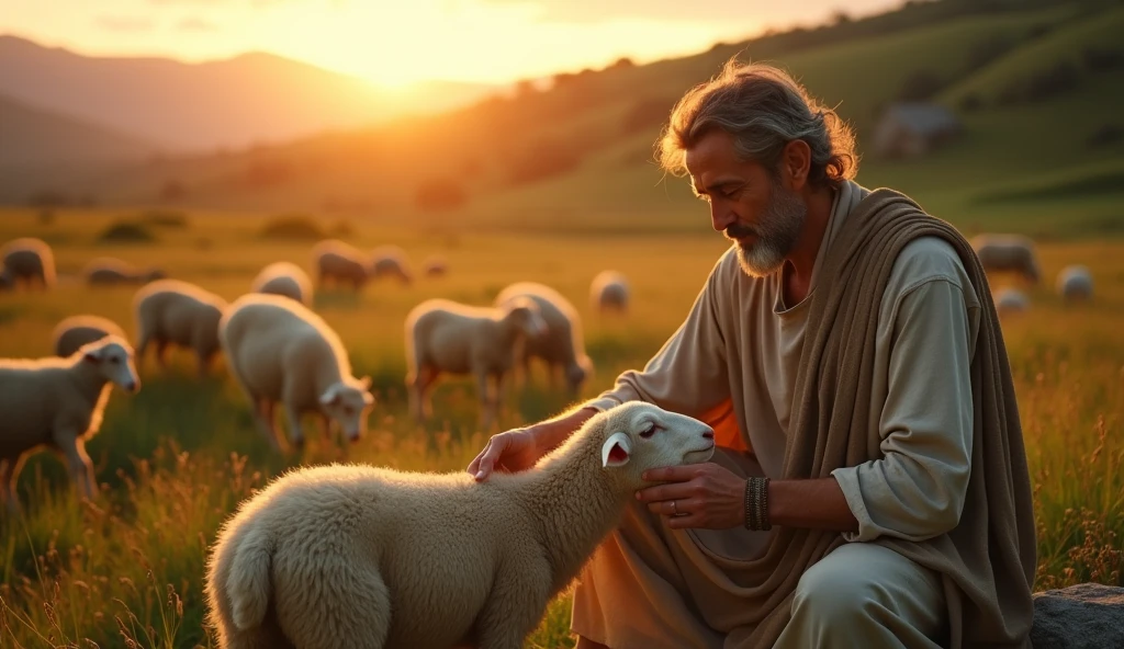 **supper: Opening of Psalm 23**
*Visual Description:*
The scene begins with a breathtaking aerial view of a verdant field, bathed in the soft light of dawn. The colors are vibrant, with the sun slowly rising on the horizon, staining the sky orange and pink. The camera slowly descends, revealing a flock of sheep grazing peacefully under the watchful eye of a shepherd. The soft sound of a stream in the background and the gentle bleating of the sheep create an atmosphere of peace and serenity.
*Camera Transition:*
The camera closes in on the shepherd, a middle-aged man with kind features and a serene gaze. him está vestido de forma simples, with a rustic tunic. The shepherd gently strokes a sheep, conveying love and care. The sunlight illuminates your face, highlighting the connection between him and the animals.
*Narration:*
The soft and comforting voice of a narrator begins to speak:
"O Salmo 23, one of the most beloved passages in the Bible, is a poem of comfort and hope that resonates deeply in our hearts. The authorship of the psalm is attributed to David, one of the greatest kings of Israel, who knew both the strength and fragility of life."
*stock footage:*
As the narrator speaks about David, the scene shifts to archival footage showing moments of David's life—him as a young shepherd, facing challenges and fighting lions and bears to protect his flock, And then, Mais tarde, being crowned king, surrounded by subjects and warriors.
*Narration Continua:*
"him, who was a shepherd before he reigned, uses the metaphor of the shepherd and his sheep to express the divine relationship between God and His people."
*Return to the Main Scene:*
The scene returns to the shepherd, who is now sitting on a stone, watching his sheep and reflecting. The sun is higher, and the light shines intensely, symbolizing the presence of God. The sheep gather around him