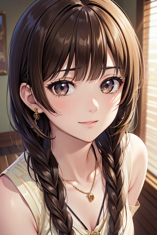 Yuno Shimazu、Shiny brown hair,Long Hair,  、((2 braids:1.5、Hair that falls over the shoulders)),Beautiful brown eyes、Sparkling eyes, Fine grain、smile、Ultra-detailed eyes、Highly detailed face, Highly detailed eyes,Cowboy Shot、


最high quality, masterpiece, High resolution, 

1 person,chinese wedding dress,hair ornaments,necklace, jewelry,Beautiful Face,in addition_body, Tyndall effect,Realistic, Dark studio, Rim Light, Two-tone lighting,(High resolutionの肌:1.2), 8k ウルトラHD, Digital single-lens reflex camera, Soft lighting, high quality, Volumetric Lighting, Frank, photograph, High resolution, 4K, 8k, Bokeh