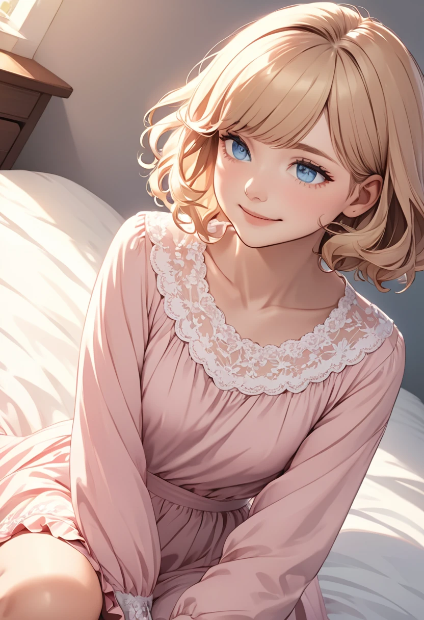 detailed illustration, Dynamic Angle, Extremely detailed, illustration, 1 person, blue eyes, Delicate eyes, Short Blonde, Sissy, Light pink shirt, Sit on the bedroom bed, Gentle smile