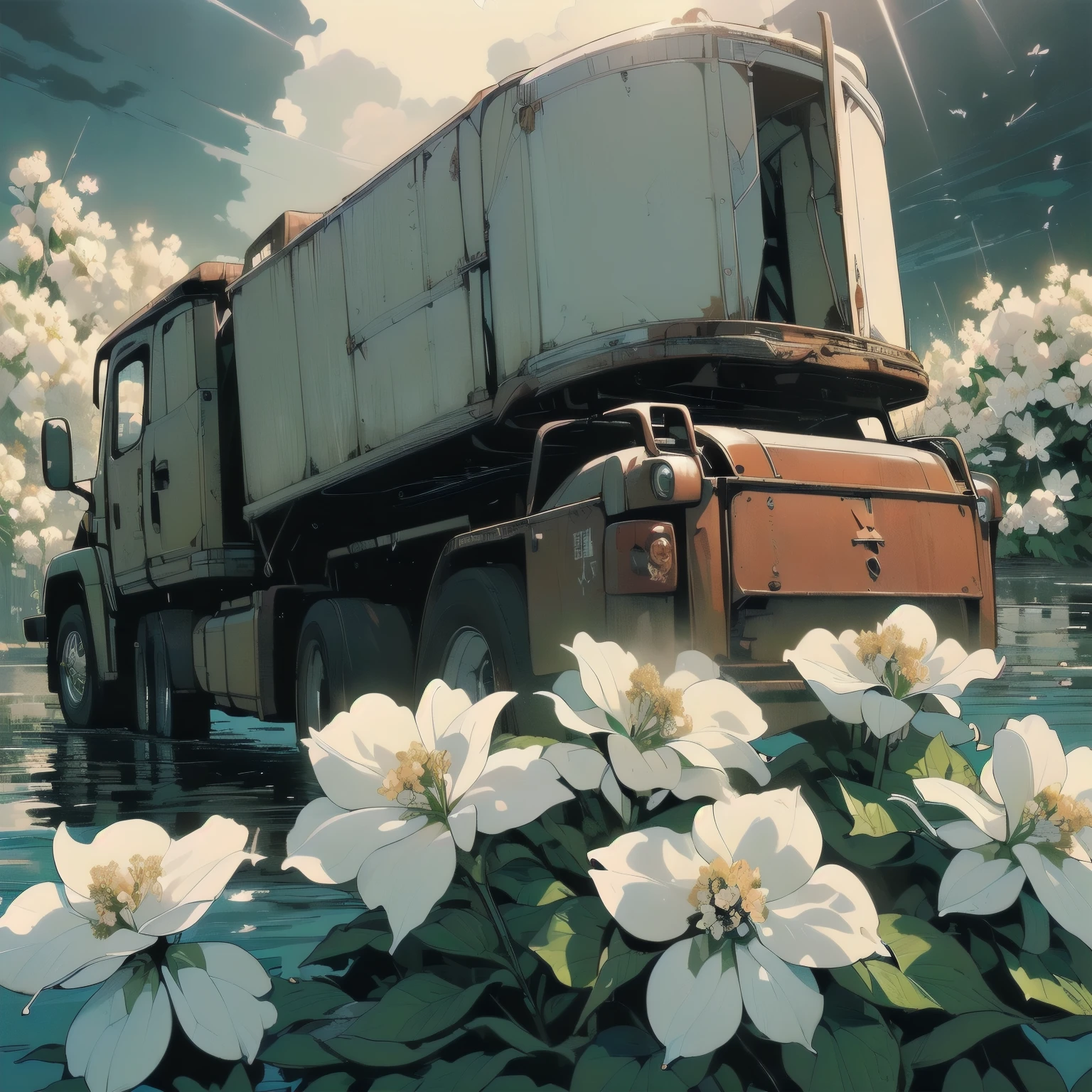 (((Masterpiece, top quality))), (((32K wallpaper))), ultra high resolution, (((close-up))), gorgeous light leak, (((backlit))), highly detailed background, top quality, (((no humans))), highly transparent river, (((extremely detailed rusty heavy truck with many white flowers)), (((( very dull color )))), (((( white flowers in the water))), (((butterfly))),(((Strong light shines in)))、(((白い羽)))、(((雲と煙)))