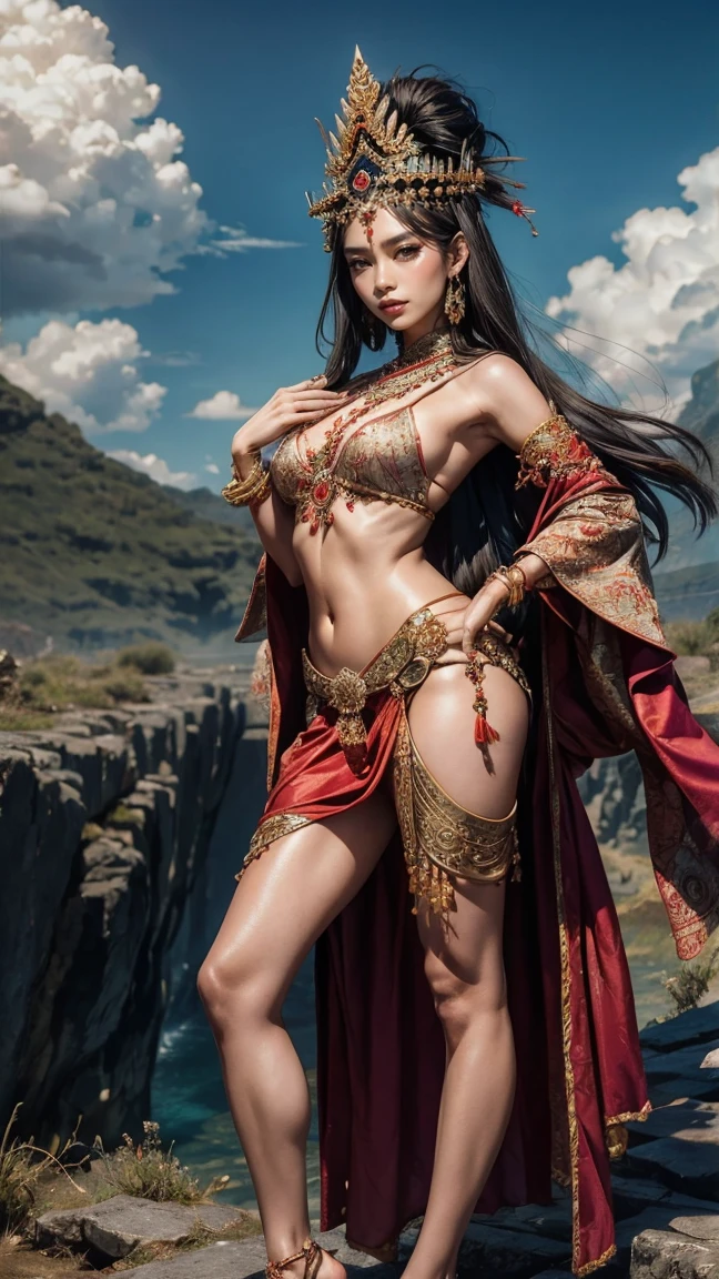 ancient Indonesian queen, navel, fullbody image, covered nipple, flowing silk hair, shawl