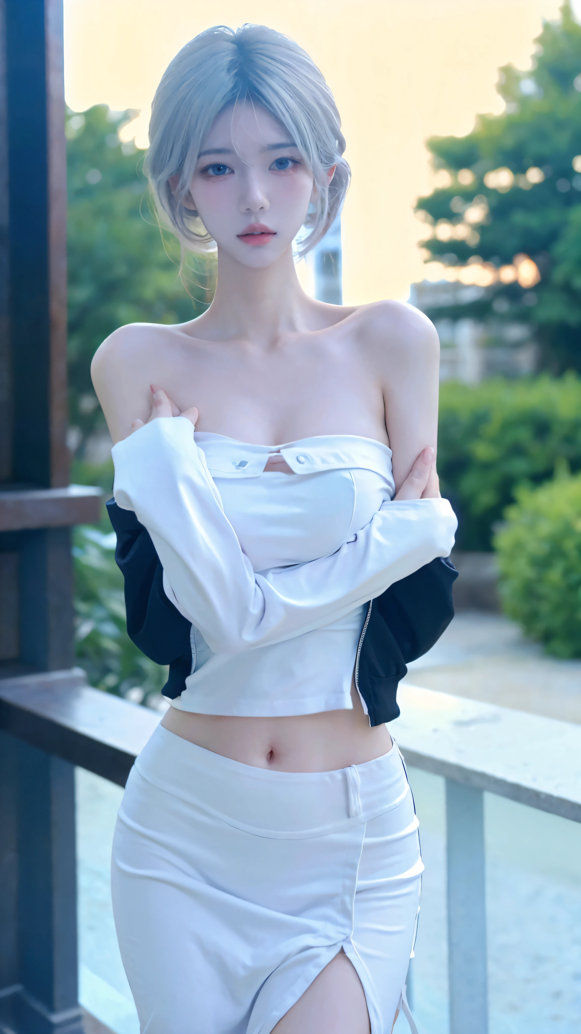 Beautiful Women in Perfect Shape:1.4，snow，Hands on hips，snow背景，Layered Hairstyle，White skin，Prominent cleavage，Pleated Skirt，whole body，The facial and skin texture is very delicate，Double eyelids，Skin Whitening，Long white hair