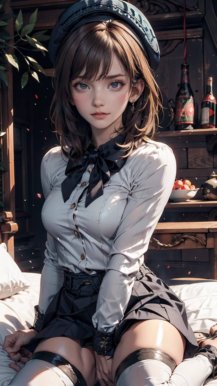 (iwanagadress:1.2), (Rock vine:0.9),(beret:1.8), Kotoko Iwanaga, One person, beret, black bow, blue skirt, bow, Brown footwear, Cane, dress, hair bow, Have, Holding, Holding Cane, Juliet Sleeve, Light brown hair, Long sleeve, View your viewers, petticoat, Puff sleeves, Purple eyes, short hair, skirt, alone, Thigh straps, Knee socks, white dress, White Hat, white Knee socks, Kyokou suiri