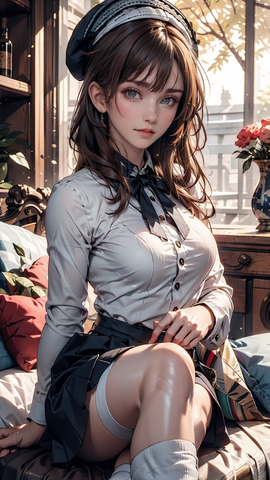 (iwanagadress:1.2), (Rock vine:0.9),(beret:1.8), Kotoko Iwanaga, One person, beret, black bow, blue skirt, bow, Brown footwear, Cane, dress, hair bow, Have, Holding, Holding Cane, Juliet Sleeve, Light brown hair, Long sleeve, View your viewers, petticoat, Puff sleeves, Purple eyes, short hair, skirt, alone, Thigh straps, Knee socks, white dress, White Hat, white Knee socks, Kyokou suiri
