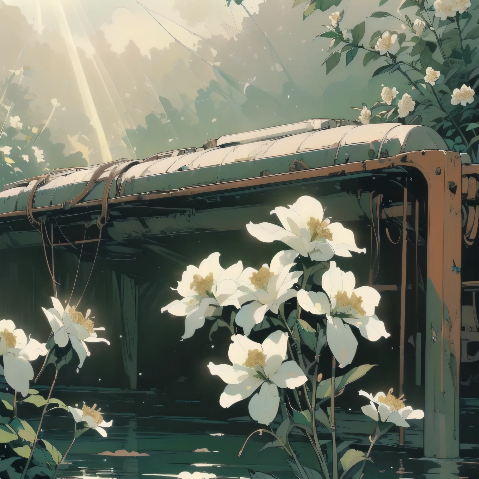 (((Masterpiece, top quality))), (((32K wallpaper))), ultra high resolution, (((close-up))), gorgeous light leak, (((backlit))), highly detailed background, top quality, (((no humans))), highly transparent river, (((extremely detailed rusty heavy truck with many white flowers)), (((( very dull color )))), (((( white flowers in the water))), (((butterfly))),(((Strong light shines in)))、(((白い羽)))、(((雲と煙)))