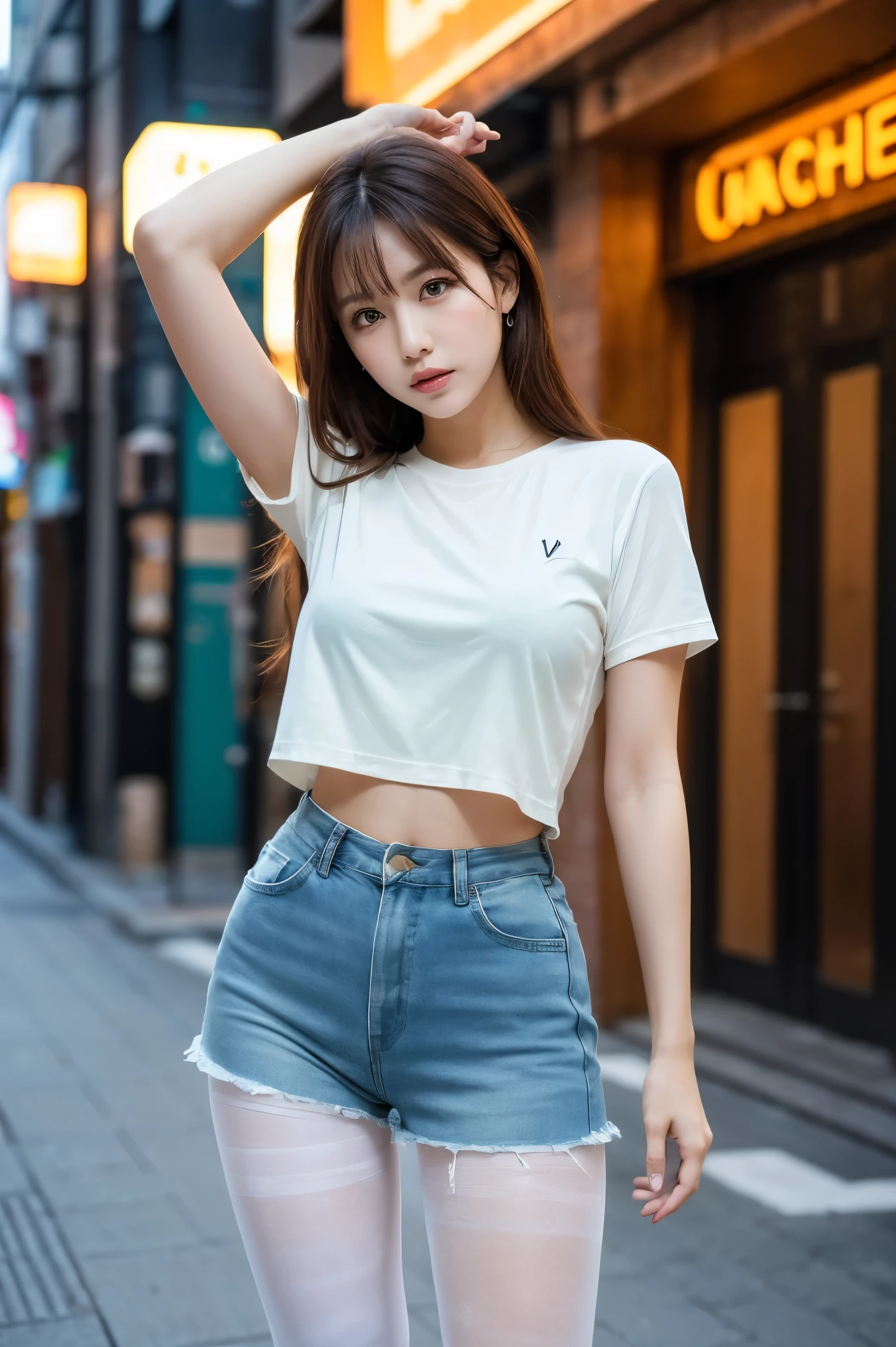 ulzzang-6500-v1.1, (RAW Photos:1.2), (Realistic), (Genuine:1.4), (masterpiece), masterpiece, Absurd, Finer details, Sharp focus、High resolution, Highly detailed face and eyes, Realistic, Long wavy brown hair, Shorts with both arms raised, A messy white t-shirt, Denim shorts、fitting the body、(Ultra-realistic pantyhose:1.3), And colorful fluorescent sneakers, Casting a Spell, Random natural poses、Modern Tokyo, Highest quality, masterpiece, 1 person, whole body, very gentle and beautiful, 8k wallpaper, Beautiful sea green eyes, Beautiful sparkle, Cinema Lighting