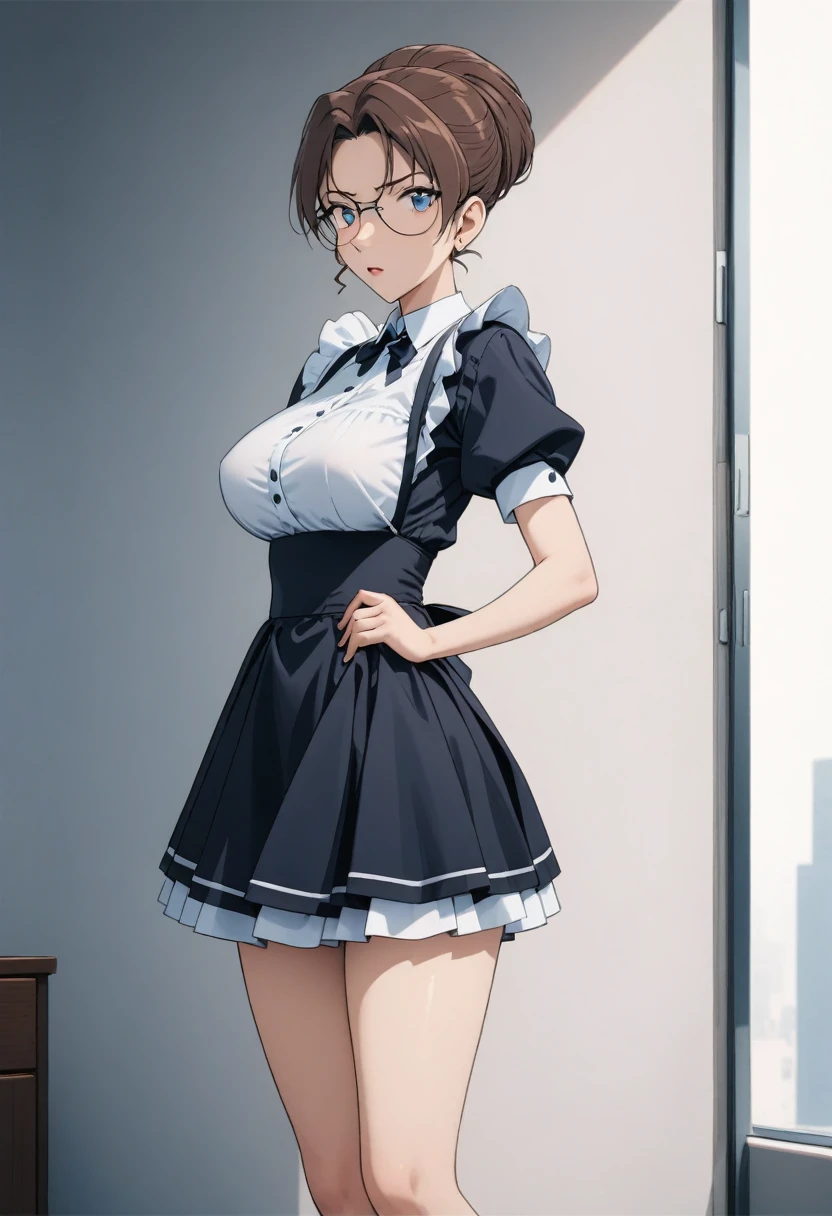 Brown-haired beauty,wearing glasses,individual,(aldult,18 years old,Height 1.7 meters:1.2),Best quality masterpiece,Wearing a maid outfit,Perfect body,Full breasts