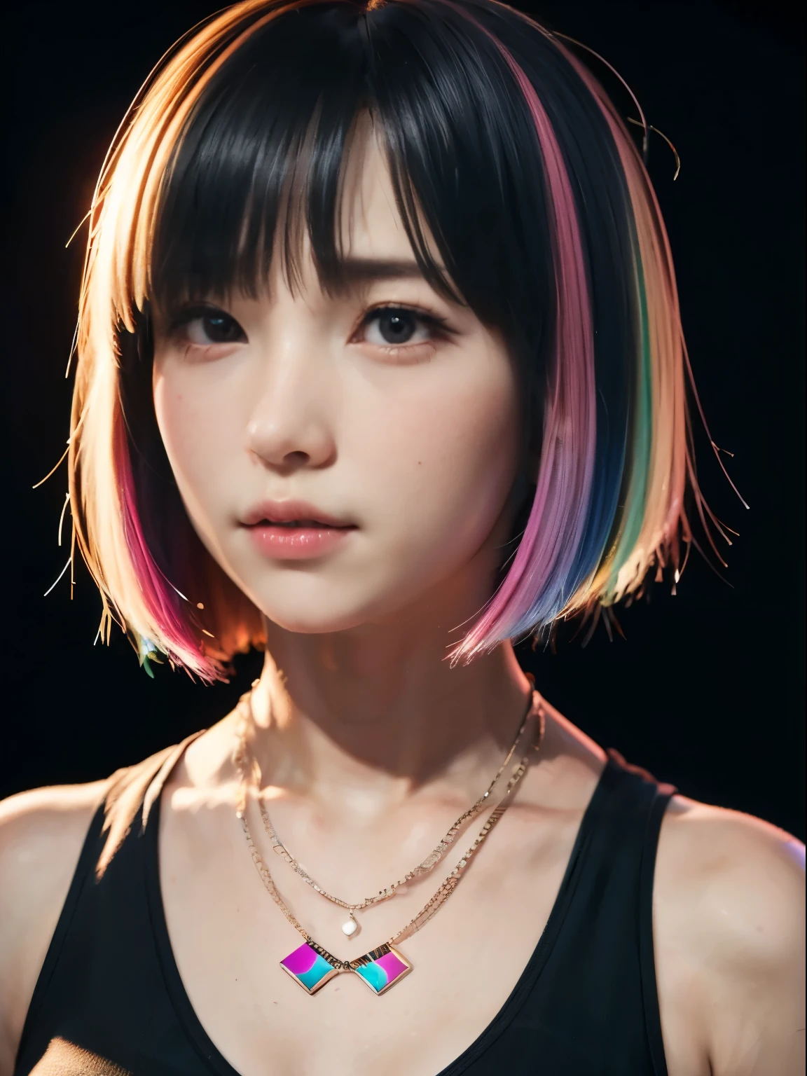 upper body portrait, Japanese, Multi-colored hair, long bob cut, Cute Girl Isometric Section 3D Hologram, Blender UHD Rendering, Black Background - Raw Style - AR 3:2、necklace、piercing