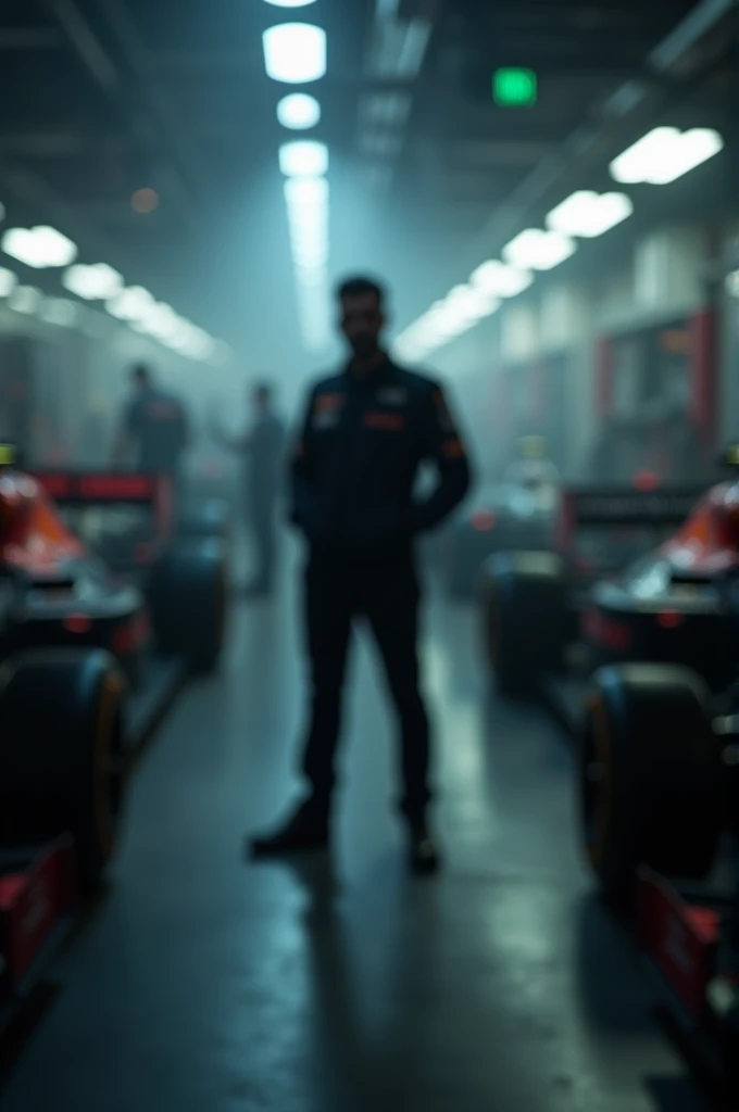 Blurred F1 mechanics workshop with a black silhouette of a man in the middle