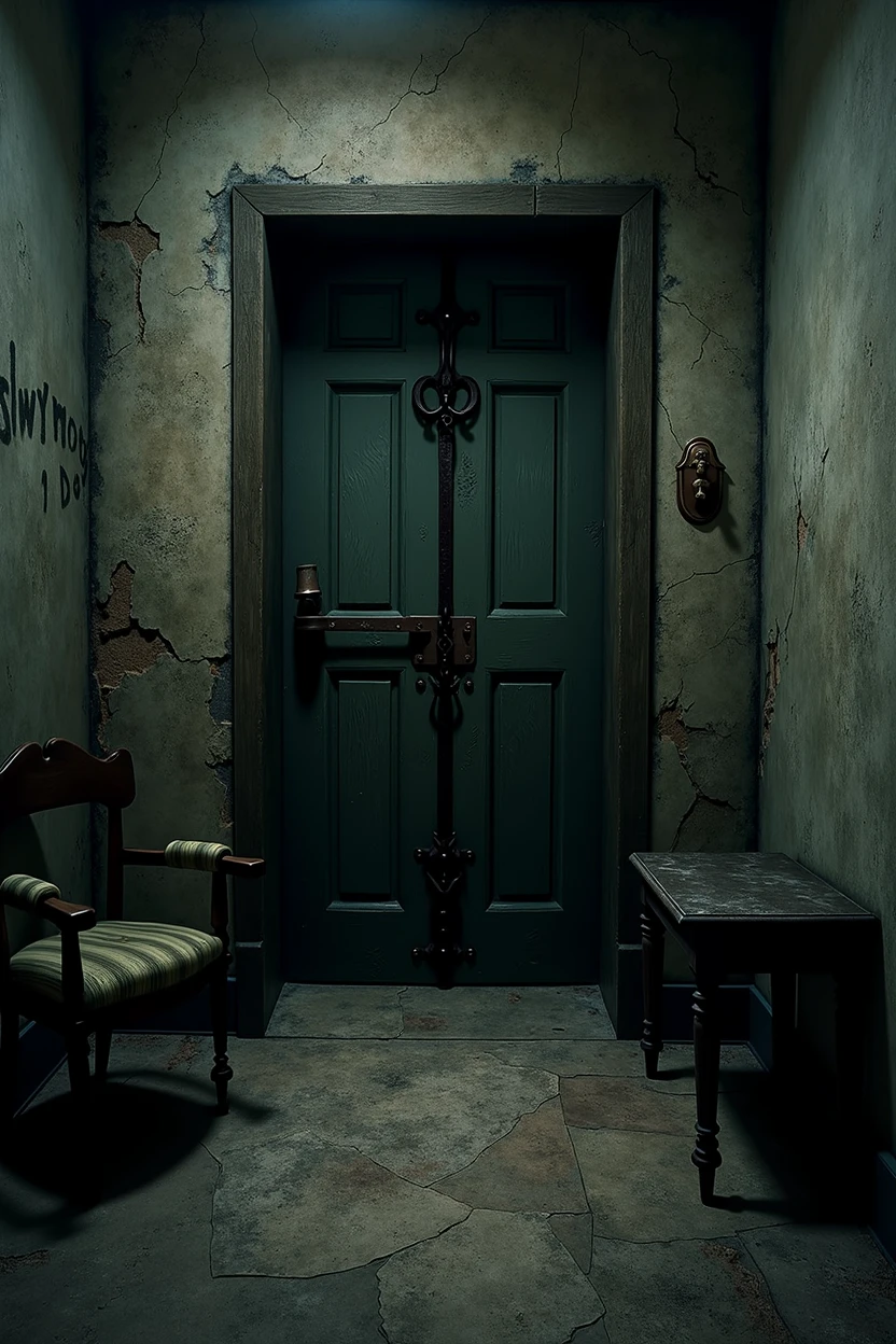 Haunted Hotel Room:
"A dark, old hotel room with cracked stone walls, dim lighting, and an eerie atmosphere. Shadows are lurking in the corners, and the door is locked with heavy iron chains."
