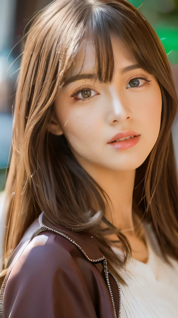 Best quality, 8k,  ,Masterpiece :1.3)), facing viewer,((full body1.2)) ,pretty woman, wide shot ,1girl, ,  café,,  , brown hair  , bangs,ultra-detailed face, highly detailed lips, detailed eyes, double eyelid