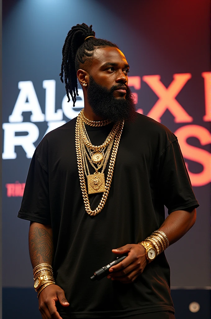 A man with black hair styled in a ponytail with an American fade and a buzz cut. He is dressed in American rapper/singer fashion, featuring flashy gold chains, 24k carat jewelry, chunky gold necklaces, and bracelets on both wrists. He is also wearing Rolex watches with gold ingots on both wrists. His beard is long, well-groomed with an American fade, suitable for an Afro-American mixed-race individual. He is posed naturally on stage at a showcase, with "Alex B Raps" prominently displayed and written in the background.

