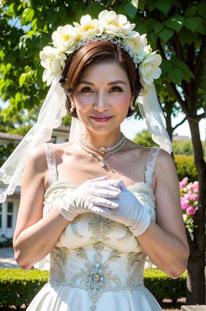 ((Masterpiece)), ((Best Quality)), A middle-aged short-hair woman, ((She is wearing an ornamental white wedding dress)), She is wearing gloves on her hands., outdoor, She is in a garden. She is wearing a big necklace.