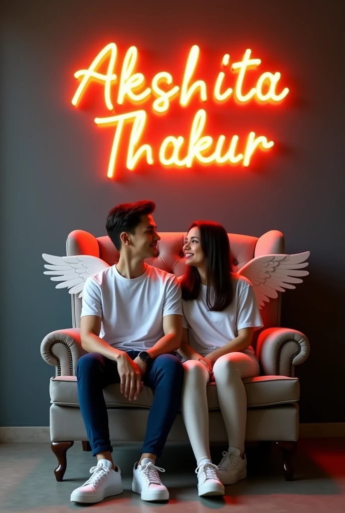 Create a 3D illusion for a profile picture where a 25 Year old cute boy and girl in a white shirt Sitting casually on a Wingback chair. Wearing sneakers, he looks ahead. The background features "Akshita thakur" in big and capital Orange neon light fonts on the dark grey wall. There should not be his shadow, and there are wings to make it appear as if he is an angel.

