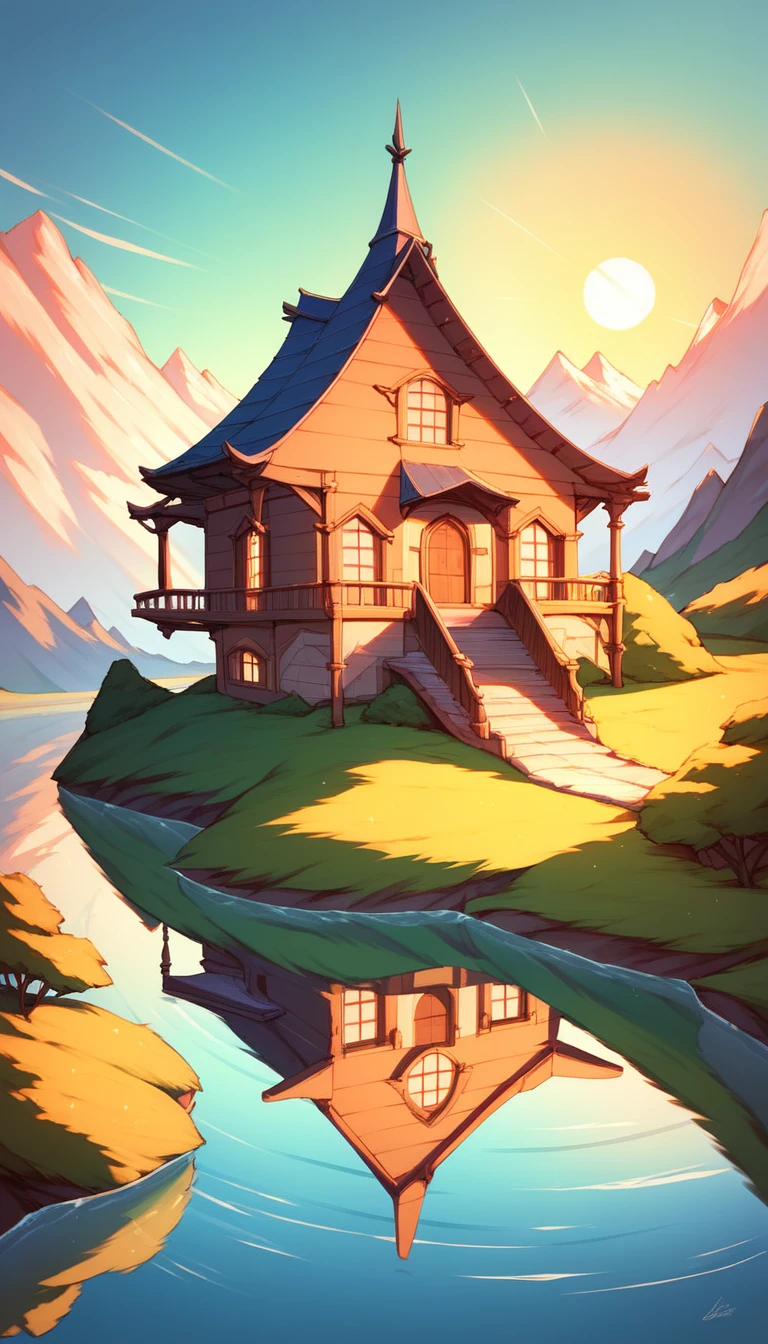 A beautiful House between the mountains , a river flowing near the house , and sun is going to dawn
