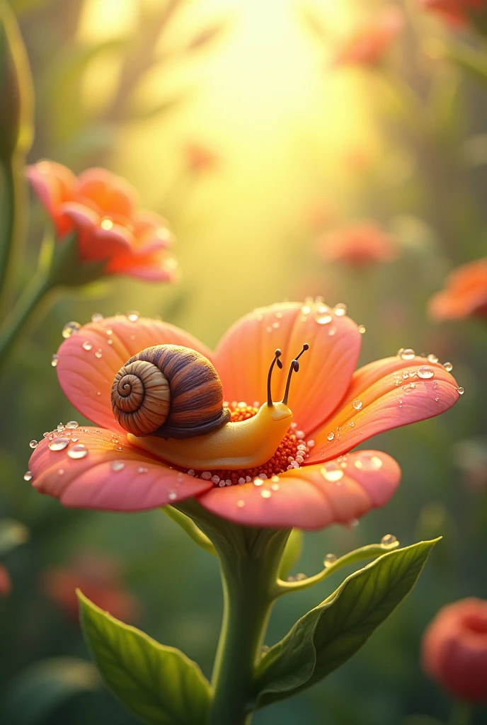 cartoon,flower with dew,Sunlight falls from the sky,Snail
