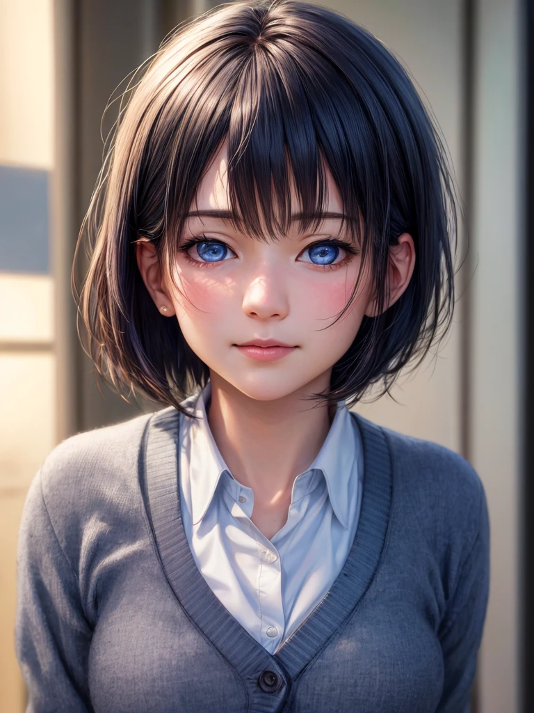 Highest quality, Face Focus, Soft Light, Ultra-high resolution, (Realistic:1.4), 1 Japan, alone, cute, (A shy smile, blush:0.5), (Dark blue eyes, Light in your eyes), Beautiful face in every detail, (Small box),(High resolution detail of human skin texture), (Short Bob Hair), In the classroom, Make it attractive, Are standing, Big Breasts, valley, uniform, cardigan, 