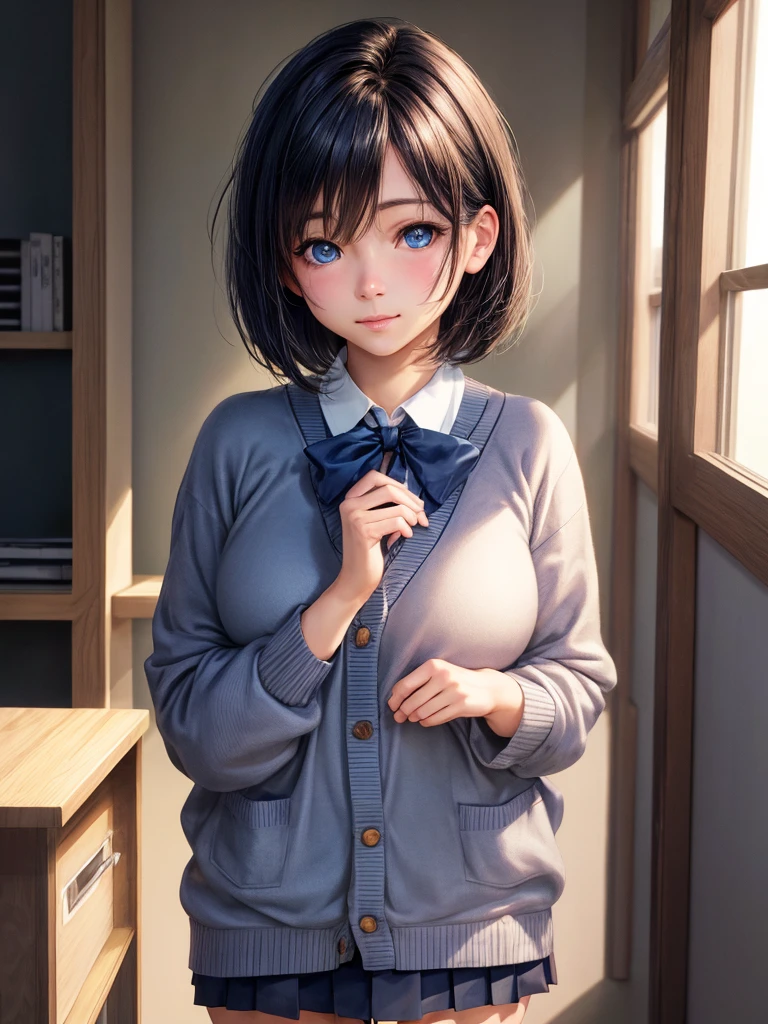 Highest quality, Face Focus, Soft Light, Ultra-high resolution, (Realistic:1.4), 1 Japan, alone, cute, (A shy smile, blush:0.5), (Dark blue eyes, Light in your eyes), Beautiful face in every detail, (Small box),(High resolution detail of human skin texture), (Short Bob Hair), In the classroom, Make it attractive, Are standing, Big Breasts, valley, uniform, cardigan, 