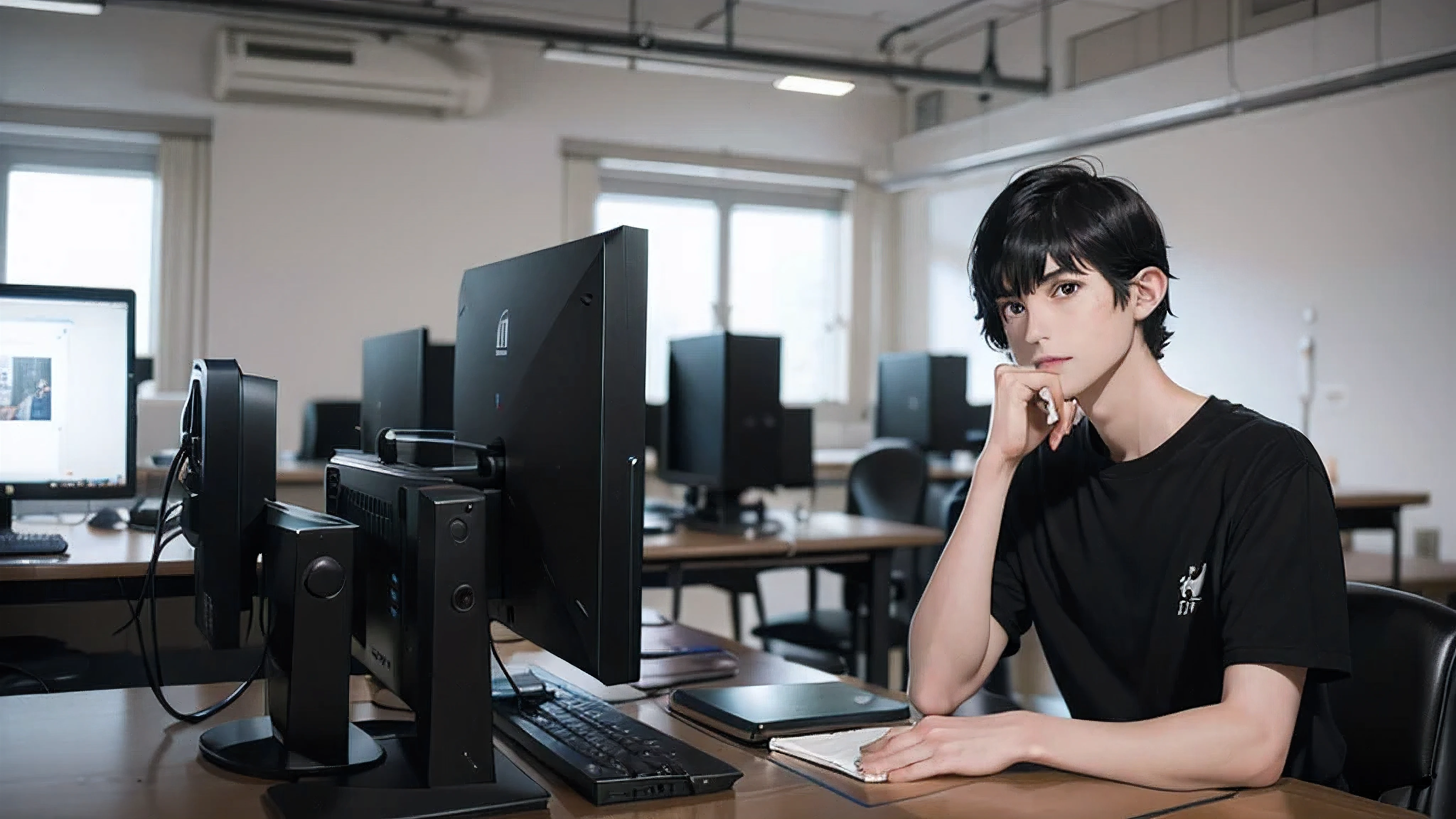 high resolution,8k,Tabletop, Highest quality, 1 Male, 30 years old, ((Black short hair)), ((Computer Lab))