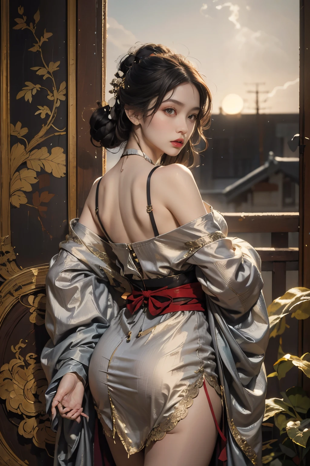 ancient buildings of China,National style beauty,Silver thread texture,linen texture,Dressed revealingly(red color Hanfu), Clothing minimalist style,Mixed Chinese and American races,The background is blurred out,focal,Movie lamplight,(((tmasterpiece))), ((Best quality at best)), ((Complex and detailed)), ((hyper realisitc)), ridiculous resolution, Moro Liberation Front, Mature woman, ssee-through, The content is very detailed, lamplight, 1 sister, (middling), Thin waist and thick hips,long and delicate eyes, Short hair details, black hair color hair, purple eyed, blackstockings,lacy clothing,skirt that wraps around the hips,tightsuit,with faintly visible,cooldress,The body proportions are perfect,(no underwares:1.2),detailed back ground, perfect eyed, eyed, (nice hand),Detail hands,looking at viewert,From the front,Lightweight to wear,juicy legs,Deep V large breasts,Shoulders exposed skin,The belly button and the surrounding area are exposed,Are thin,Beautiful girl with slender body,Small waist,Thin legs,