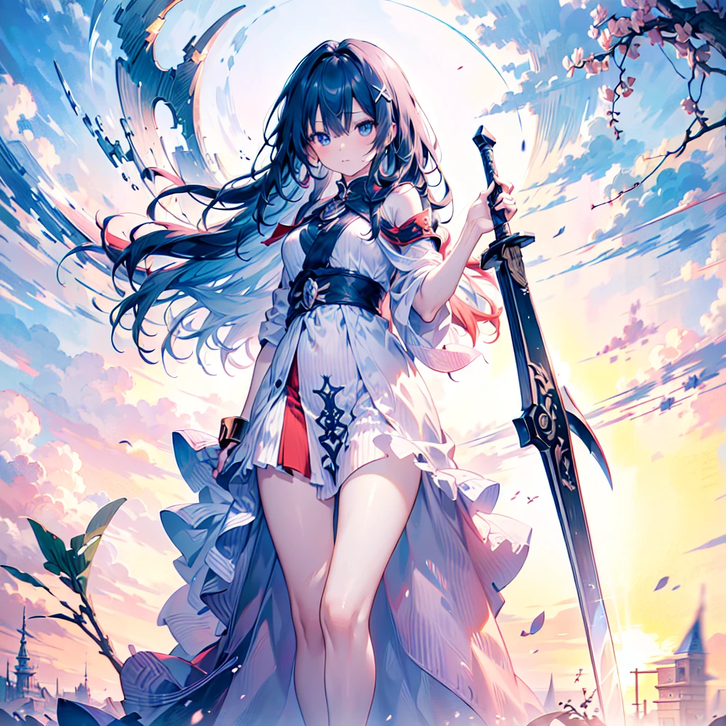 1girl,Super detailedな顔、Delicate hair、Masterpieces of art、(((Perfect Anatomy、Highest quality、Masterpiece、Official Art、Super detailed、Delicate lines、Dynamic composition、X Composition、S composition、Triangular composition、Square Composition)))、Dark fantasy heroine、Fantasy、Anime Style、Original hairstyle、Original clothing、Neon Color Palette、Absurd、Holding a giant sword with both hands、