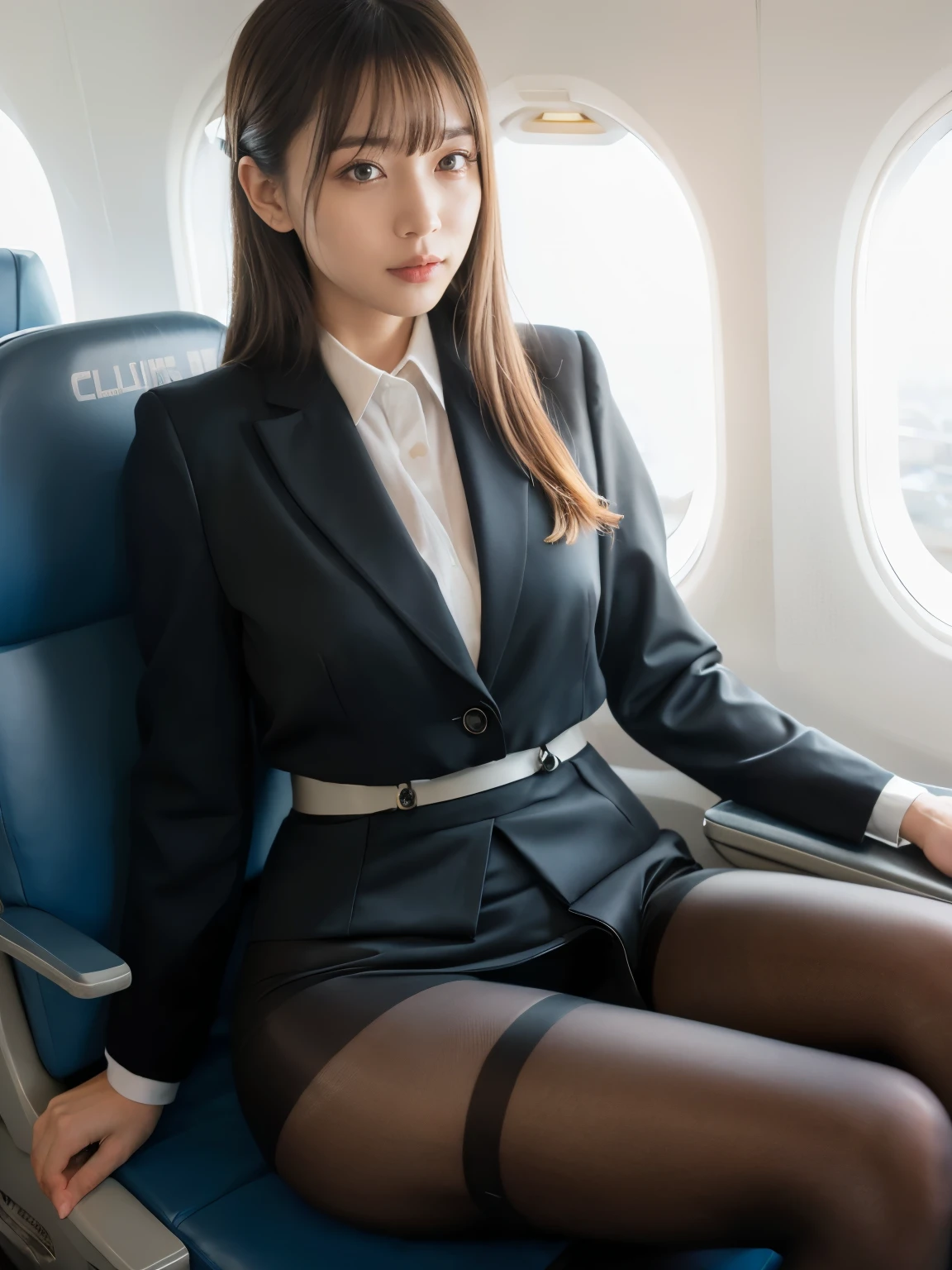 (suit, Tight Skirt, Ultra-realistic pantyhose:1.3), Sexy Woman、flare skirt、Ukrainian、Ukrainian Goddess、Incredible beauty、Wearing surreal pantyhose、sit cross-legged on an airplane..........、Laughter、High heels、game＿Tekkâ、 (English) (English) (English) (English) (English) (English) (English) (English) (English) (English) (English), masterpiece, 最high quality, The reality of light, RAW Photos、8k, High resolution, Detailed Skin, 8k, Ultra HD, Digital single-lens reflex camera, Soft lighting, high quality, Film Grain, Fujifilm XT3, Realistic skin texture、Glossy Skin、Exposing thighs!!! thighhighs,