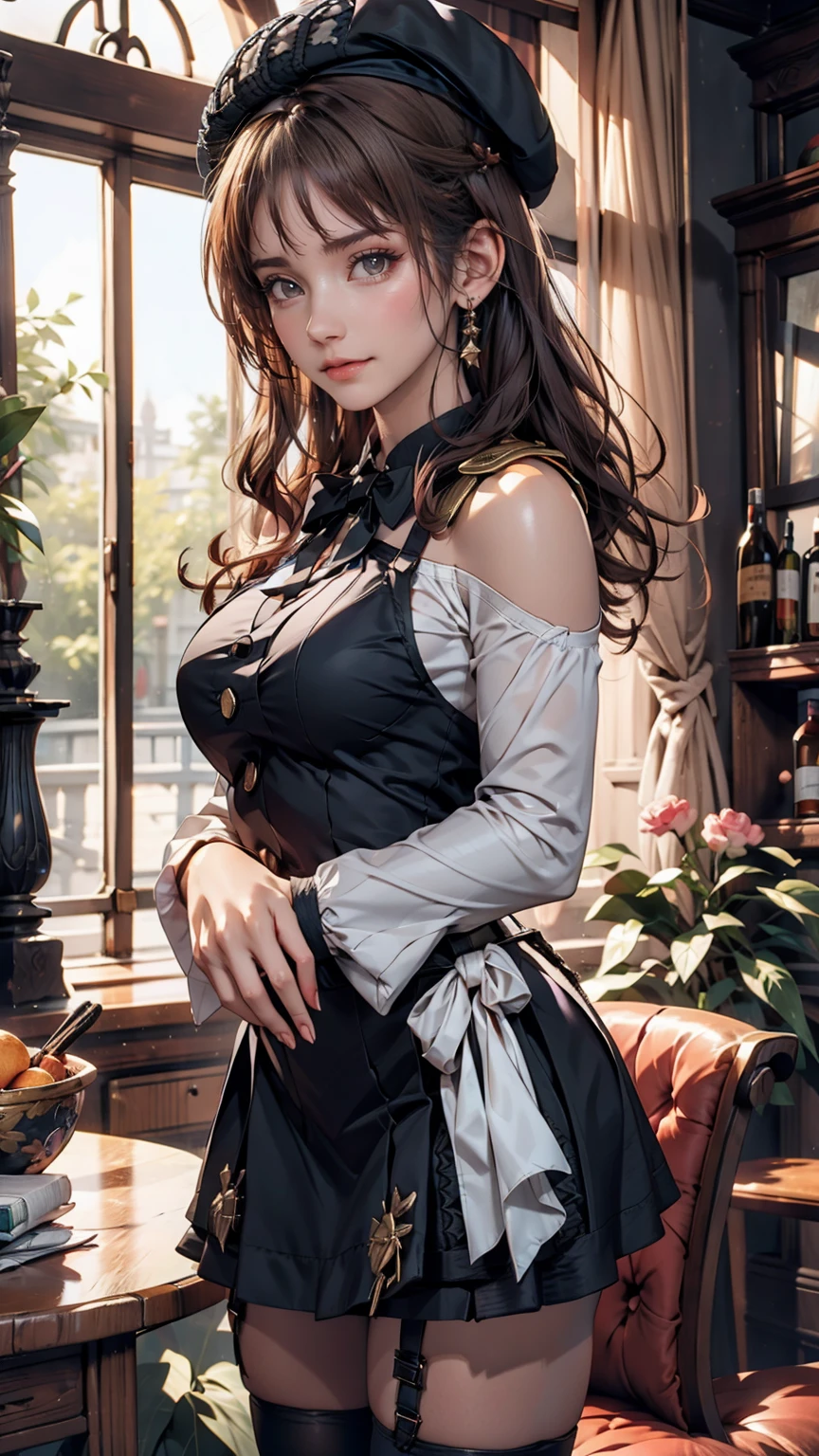 (iwanagadress:1.2), (Rock vine:0.9),(beret:1.8), Kotoko Iwanaga, One person, beret, black bow, blue skirt, bow, Brown footwear, Cane, dress, hair bow, Have, Holding, Holding Cane, Juliet Sleeve, Light brown hair, Long sleeve, View your viewers, petticoat, Puff sleeves, Purple eyes, short hair, skirt, alone, Thigh straps, Knee socks, white dress, White Hat, white Knee socks, Kyokou suiri