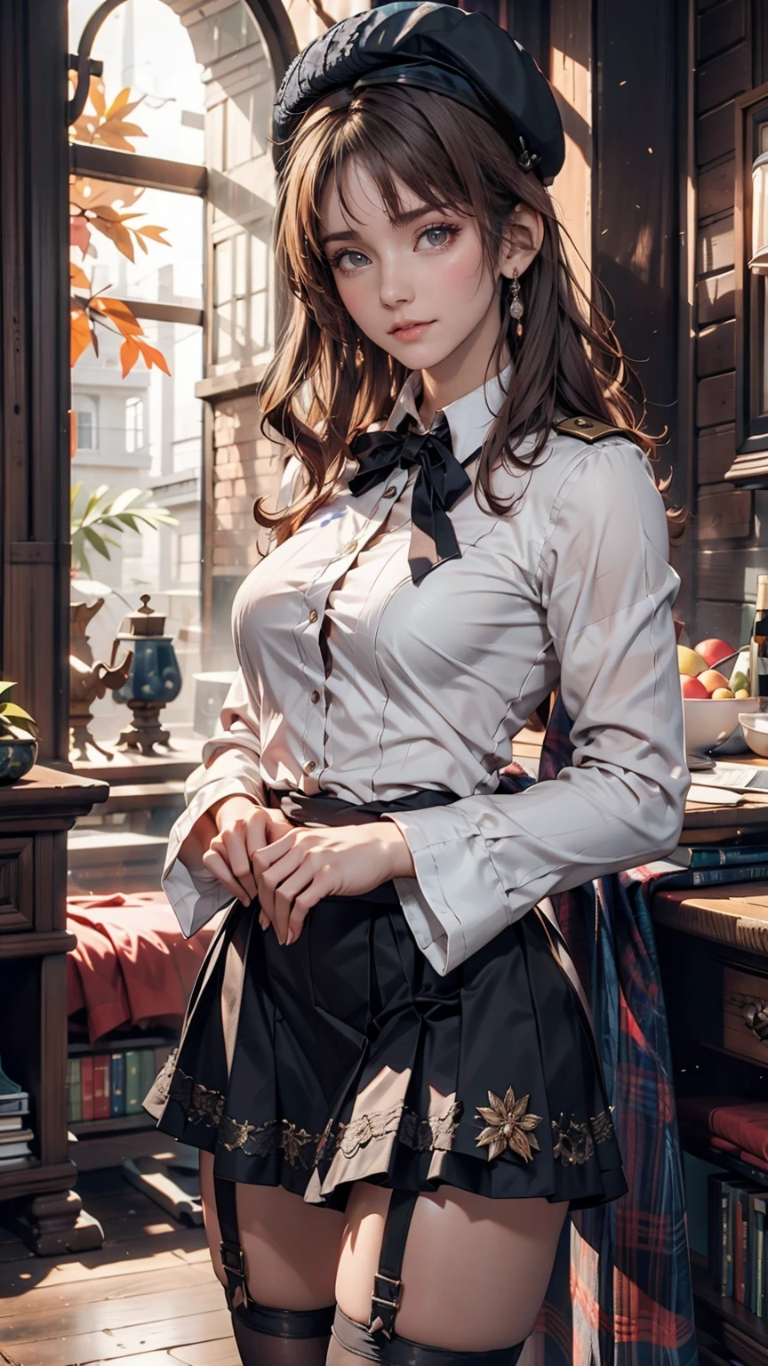 (iwanagadress:1.2), (Rock vine:0.9),(beret:1.8), Kotoko Iwanaga, One person, beret, black bow, blue skirt, bow, Brown footwear, Cane, dress, hair bow, Have, Holding, Holding Cane, Juliet Sleeve, Light brown hair, Long sleeve, View your viewers, petticoat, Puff sleeves, Purple eyes, short hair, skirt, alone, Thigh straps, Knee socks, white dress, White Hat, white Knee socks, Kyokou suiri