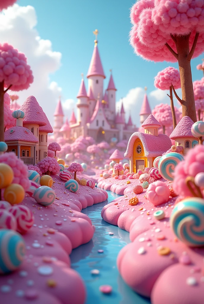 a candy land with lots of candy, candy forest, candy land, candyland, everything is made of candy, made of cotton candy, in a candy land style house, candy - coated, made of candy and lollipops, heaven pink, cotton candy, made of candy, heaven!!!!!!!!, cotton candy trees, lollipop flowers, hyperreal phantastic landscape, lots of candy land style houses, a big candy land style castle surrounded by a river made of chocolate, road made with candy buttons, Chewing Gum, candy cannes, lollypop candies all over the place