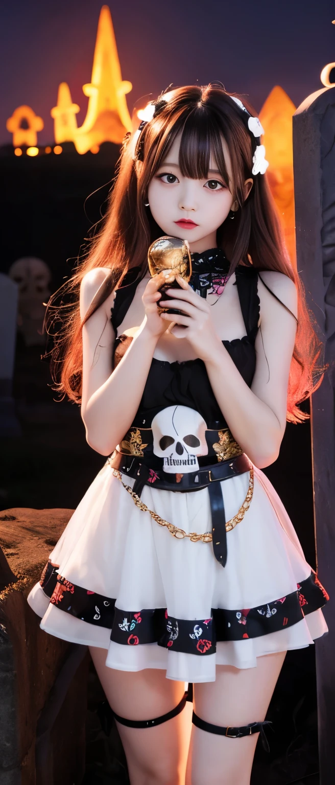 Cute idol girl、whole body、Good style、、、、、、、、、、Thick legs、Skull-covered ghost whimsical tight dress（Gold and Red）、Cool girl face、、、A graveyard glowing at night、Skeletons are dancing、Skull belt