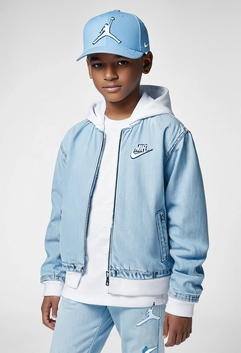 14-year-old boy wearing a light blue Jordan cap, a light blue Jordan jacket, denim pants, and light blue and white Nike Air Jordan shoes.