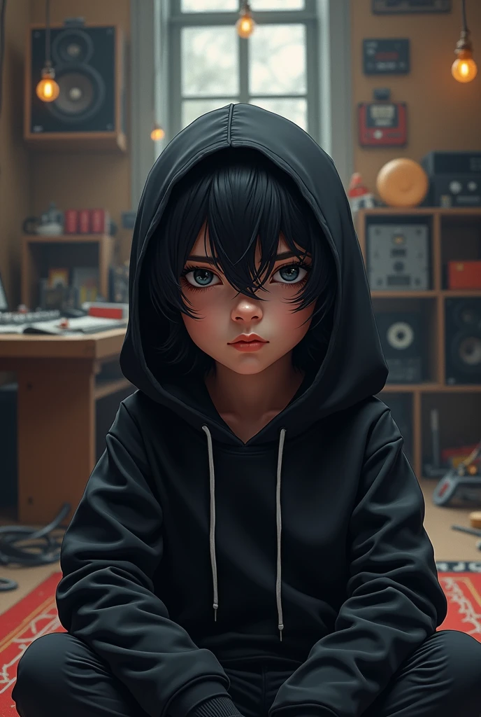 A boy has a long black hair and the eyes of the strain wears a black hoody sitting in a studio and works to perform my voice