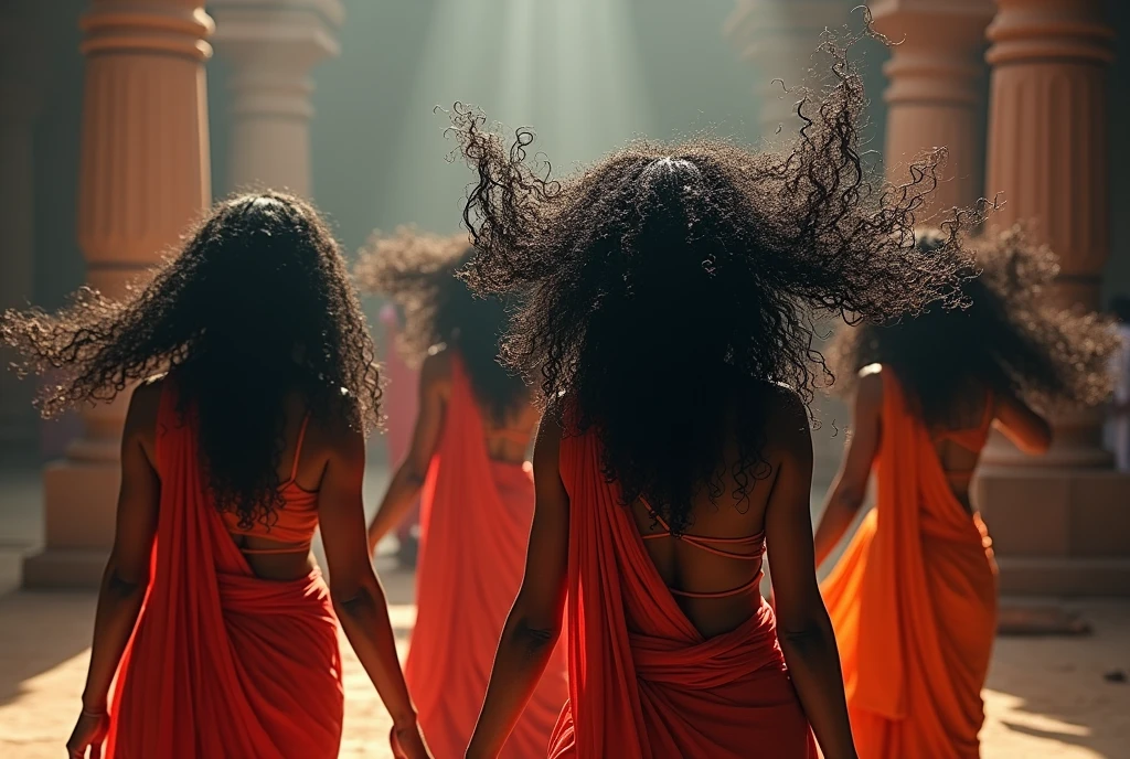 indian kali temple in day light.teeny,younger,maturey,eldery four indian ladies in sarees,black 3c curly hairs,like rapunzel springs noodles,Flooded with 100 liters of oil in to thier hair,hairs like oil pulp,They perform kali disit as devotees,due to possession they are whipping their hairs with the movement of rotatimg their heads faster,hairlines are all together till the end,Those curly rapunz hairs are totally wet and absobed so much of water making each curly hair lines reflecting amd shinning like a mirrors showcasing curliness highlighted