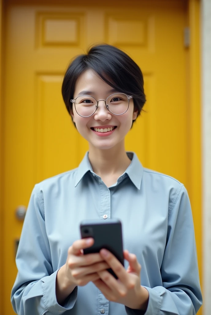 - The person is wearing glasses with clear or light-colored frames.
- They have short, neatly combed dark hair.
- The person is dressed in a light blue or grey shi
rt, which seems to be a formal or semi-formal style.
- The background includes a yellow door and a light-colored wall.
The person is holding redmi note 13 pro smartphone