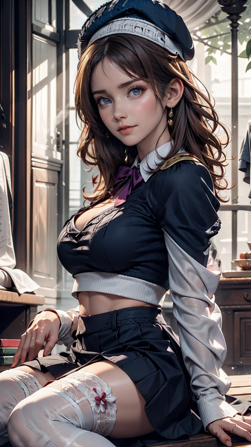 (iwanagadress:1.2), (Rock vine:0.9),(beret:1.8), Kotoko Iwanaga, One person, beret, black bow, blue skirt, bow, Brown footwear, Cane, dress, hair bow, Have, Holding, Holding Cane, Juliet Sleeve, Light brown hair, Long sleeve, View your viewers, petticoat, Puff sleeves, Purple eyes, short hair, skirt, alone, Thigh straps, Knee socks, white dress, White Hat, white Knee socks, Kyokou suiri