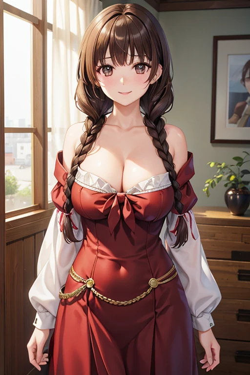 Yuno Shimazu、Shiny brown hair,Long Hair,  、((2 braids:1.5、Hair that falls over the shoulders)),Beautiful brown eyes、Sparkling eyes, Fine grain、smile、Ultra-detailed eyes、Very detailed顔, Very detailed目,Cowboy Shot、


high resolution、High resolution、Accurate anatomy、
 , alone,  Cowboy Shot, Very detailed, Highest quality, masterpiece, figure, Game CG, Cleavage, abdomen