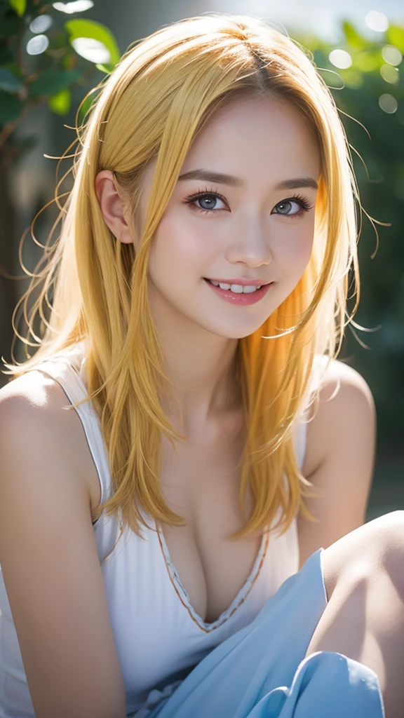 masterpiece, best quality, best quality, (Intricate detailed:1.2), beautiful eyes, 1girl, solo, outdoors, blue sky, cloudy, bokeh, lens flare, anamorphic lens flare, depth of field, seductive face, seductive smile, heanna_sumire, yellow hair, red headband, 