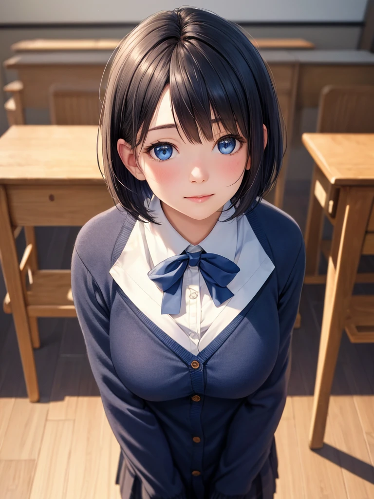 Highest quality, Face Focus, Soft Light, Ultra-high resolution, (Realistic:1.4), 1 Japan, alone, cute, (A shy smile, blush:0.5), (Dark blue eyes, Light in your eyes), Beautiful face in every detail, (Small box),(High resolution detail of human skin texture), (Short Bob Hair), In the classroom, Make it attractive, Are standing, Big Breasts, valley, uniform, cardigan,