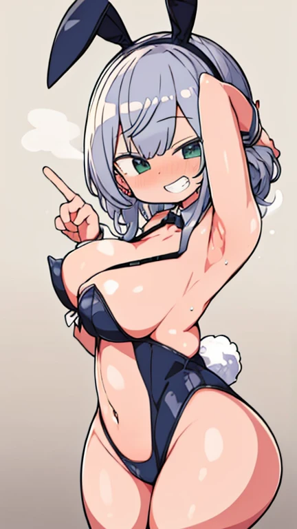 (masterpiece、highest quality、Super detailed)、Shy laugh、((Grin))、steam、Earrings、(( bunny))、Bedroom Background、largebrest、Fellatie、Spread legs、Raiwing your armpits、Plump、Big Breasts