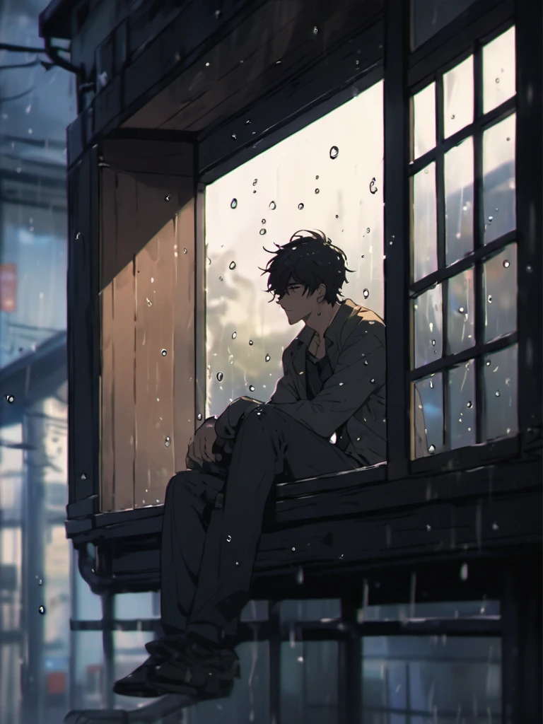 sitting and looking out the window with raindrops splattering towards him