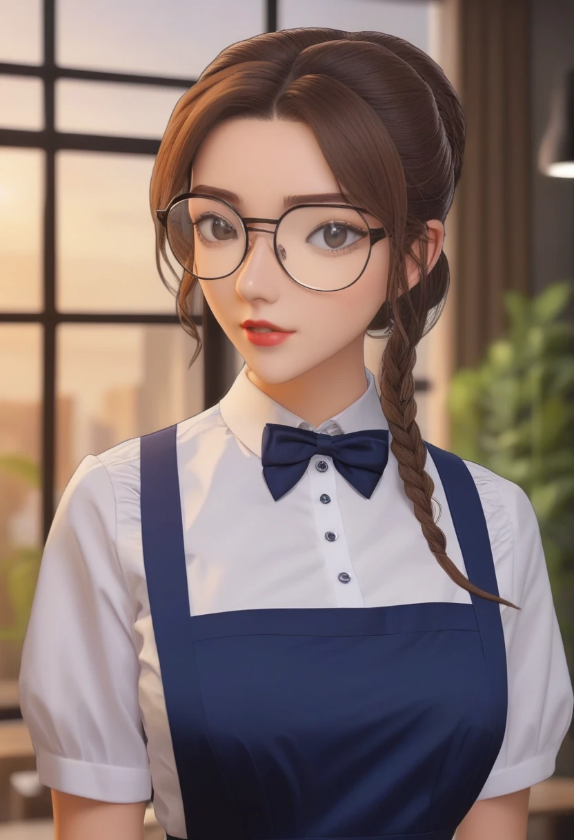 Brown-haired beauty,wearing glasses,individual,(aldult,18 years old,Height 1.7 meters:1.2),Best quality masterpiece,Wearing a maid outfit,Perfect body,Full breasts