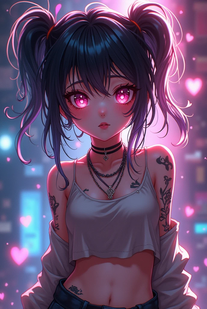 cute anime character girl, messy wavy hair, cross-shaped pupils, wearing loose baggy hip-hop fashion, attractive and seductive face, make-up, covered in tattoos, superlative body proportion, background another dimension, notes effects, star effects, heart effects, glitter effects, 2.5D, delicate and dynamic, graphic CG digital art