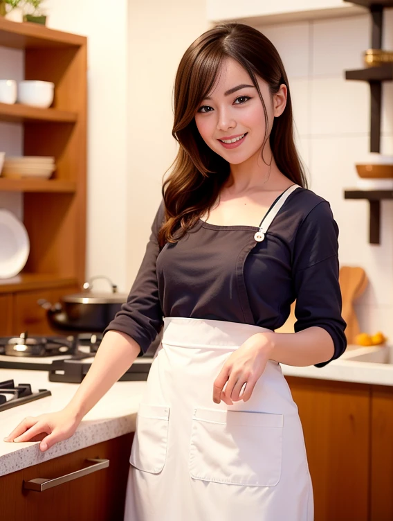 Best quality,Highly detailed,Masterpiece,Ultra-detailed,illustration,Ultra-high resolution, (Photorealistic:1.4,8k),Kitchen,1girll,Cute,(aprons, ),day,grin, face,Black hair,Clear face,