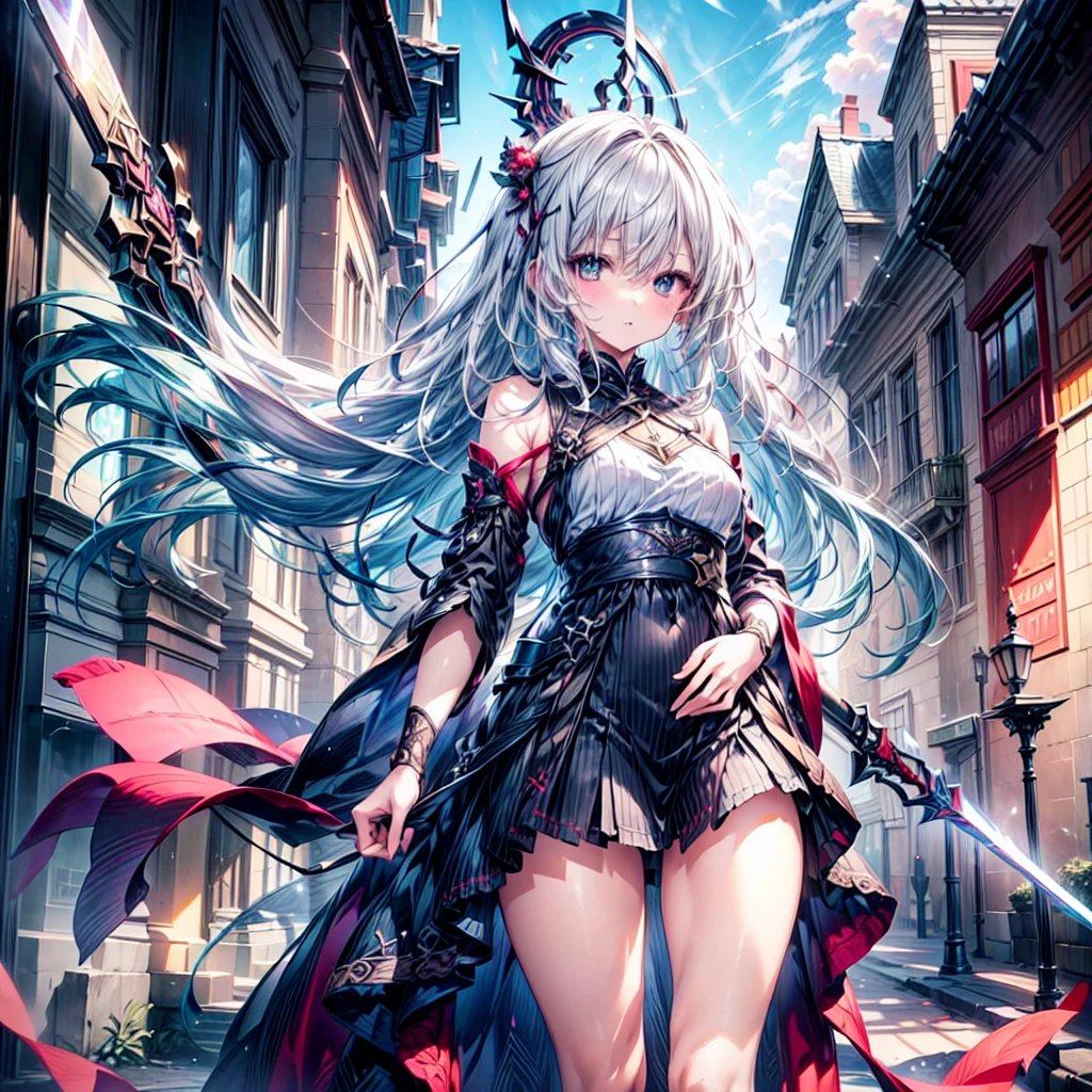 1girl,Super detailedな顔、Delicate hair、Masterpieces of art、(((Perfect Anatomy、Highest quality、Masterpiece、Official Art、Super detailed、Delicate lines、Dynamic composition、X Composition、S composition、Triangular composition、Square Composition)))、Dark fantasy heroine、Fantasy、Anime Style、Original hairstyle、Original clothing、Neon Color Palette、Absurd、Holding a giant sword with both hands、