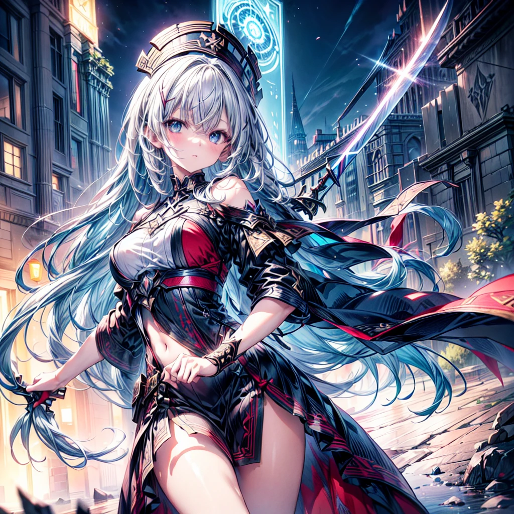1girl,Super detailedな顔、Delicate hair、Masterpieces of art、(((Perfect Anatomy、Highest quality、Masterpiece、Official Art、Super detailed、Delicate lines、Dynamic composition、X Composition、S composition、Triangular composition、Square Composition)))、Dark fantasy heroine、Fantasy、Anime Style、Original hairstyle、Original clothing、Neon Color Palette、Absurd、Holding a giant sword with both hands、
