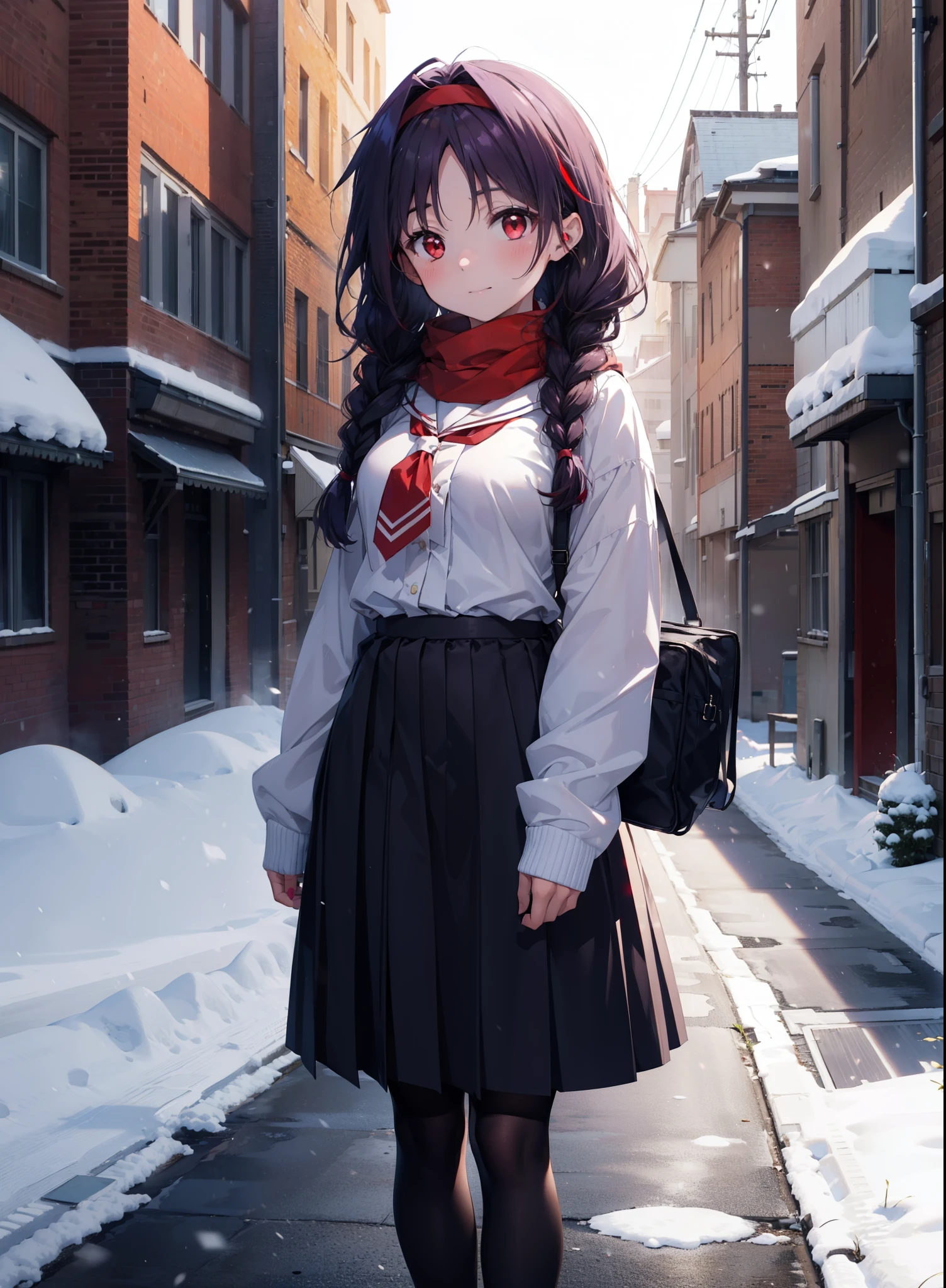 yuukikonno, Yuuki Konno, hair band, Long braids, Pointed Ears, Purple Hair, (Red eyes:1.5), (Small breasts:1.2),smile,blush,Red scarf,Purple sailor uniform,Purple pleated skirt,Black pantyhose,Brown loafers,snowが積もっている,snowが降っている,snow,snow,snow,snow, Walking,whole bodyがイラストに入るように,
break looking at viewer, whole body,
break outdoors, School,courtyard,
break (masterpiece:1.2), Highest quality, High resolution, unity 8k wallpaper, (figure:0.8), (Beautiful attention to detail:1.6), Highly detailed face, Perfect lighting, Highly detailed CG, (Perfect hands, Perfect Anatomy),