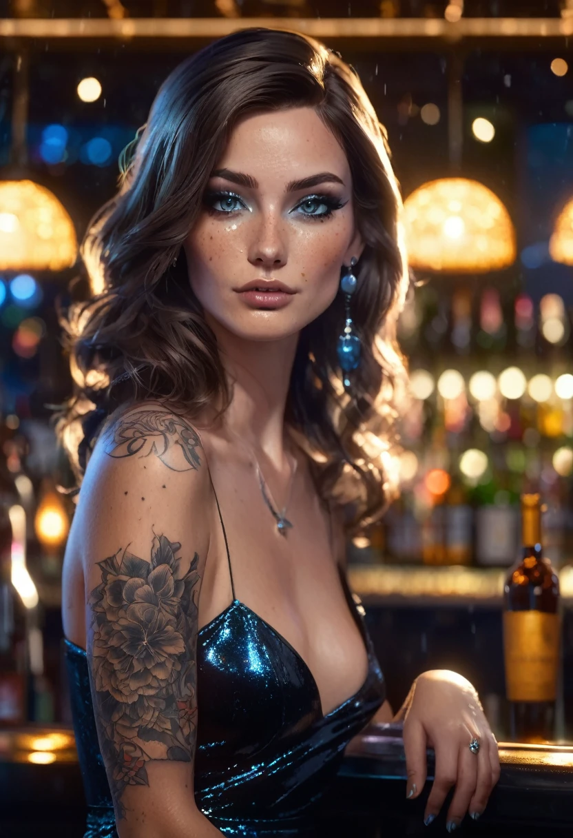 A woman at a nighttime party, sitting at the bar, wearing a short shiny black sexy party dress. She has feminine blue-gray eyes, clear and detailed skin, freckles on her face, and tattoos on both arms. She has a nice bust, long golden-brown hair, and a soft, serious face with a thin chin. The scene features dramatic lighting, a cinematic composition, a dark palette, party lights, dark colors, and atmospheric haze. The woman is beautiful and very pretty, depicted as an adult in an ultra-realistic and ultra-detailed manner (best quality, 4K, 8K, high-res, art: 1.2), with a realistic, photorealistic look (photorealistic: 1.37)."